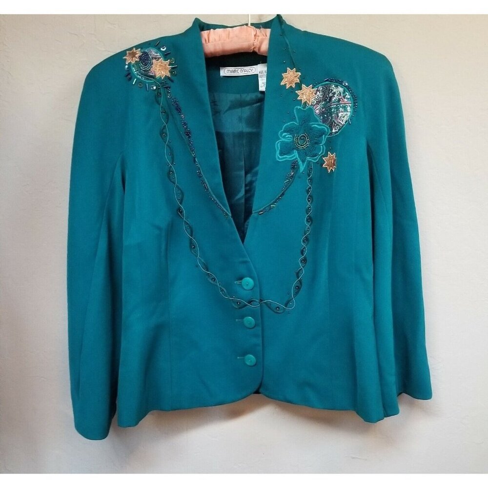 Marc D'alcy Womens Size 10 Teal Wool Blazer Embroidered Floral Beaded Lined